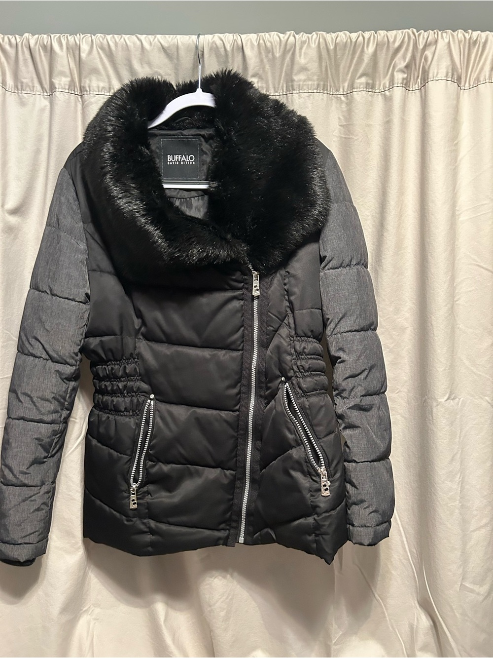 Buffalo David Bitton Black Jacket with Gray Sleeves and Faux-Fur Collar